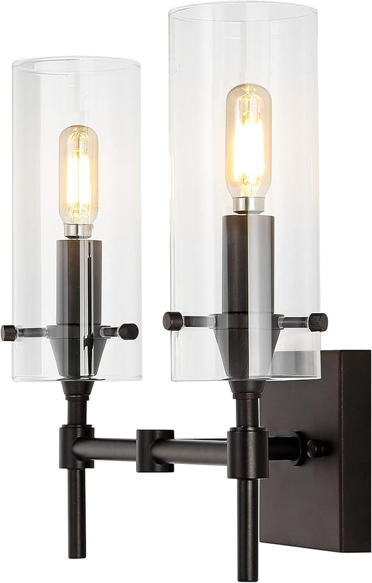 JONATHAN Y 13.5" Oil Rubbed Bronze/Clear Modern Farmhouse LED Vanity Light Sconce, Clear Glass Cylinder Shade, Wall Lamp for Bathroom Mirror Hallway Entryway, LED Bulb Included (JYL7806A)
