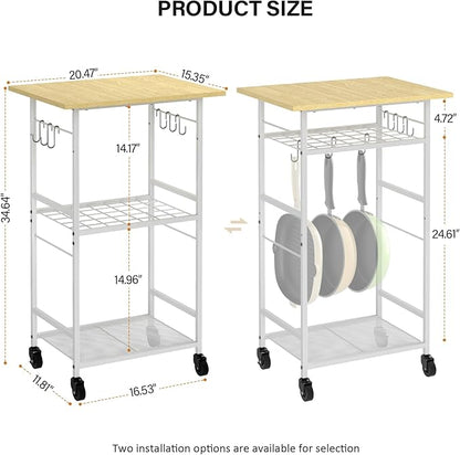 ThreeHio Rolling Kitchen Microwave Cart, 3 Tier Microwave Table Stand with Adjustable Shelf, Kitchen Storage Rack on Wheels, Coffee Station Cart Rack Shelf Organizer for Living Room Office, Balcony