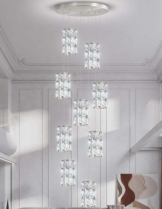9-Lights Modern Crystal LED Dimmable for Staircase Foyer High Ceiling Chandeliers Hallway Nickel