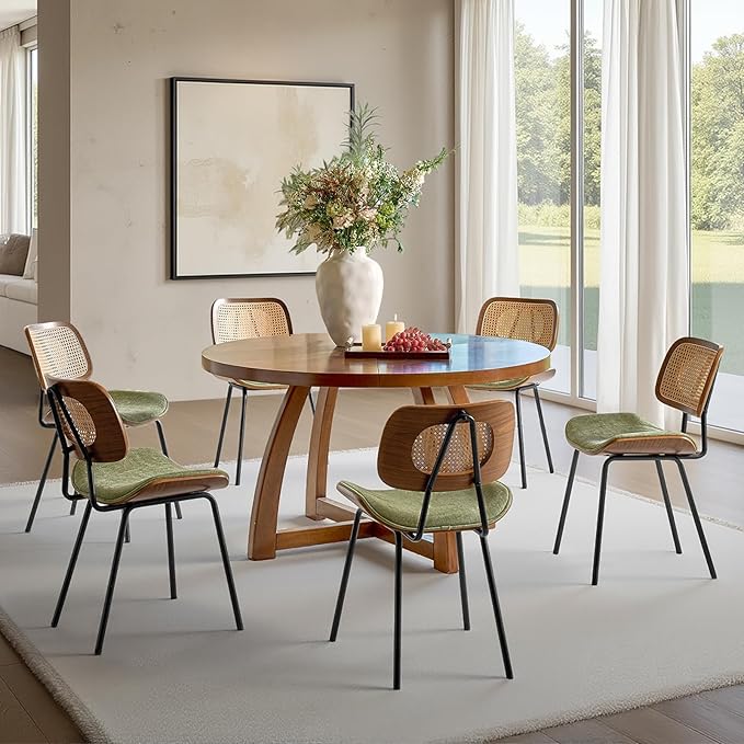 HULALA HOME Rattan Dining Chairs Set of 6, Green Farmhouse Upholstered Kitchen Chairs Set with Square Cane Backrest, Metal Legs for Dining Living Room Resurant Cafe - Moss