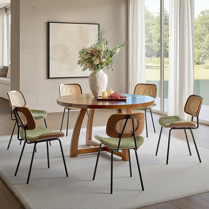 HULALA HOME Rattan Dining Chairs Set of 6, Green Farmhouse Upholstered Kitchen Chairs Set with Square Cane Backrest, Metal Legs for Dining Living Room Resurant Cafe - Moss
