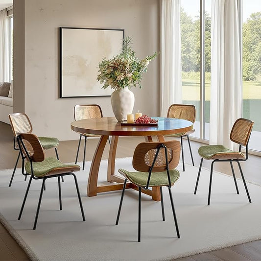 HULALA HOME Rattan Dining Chairs Set of 6, Green Farmhouse Upholstered Kitchen Chairs Set with Square Cane Backrest, Metal Legs for Dining Living Room Resurant Cafe - Moss