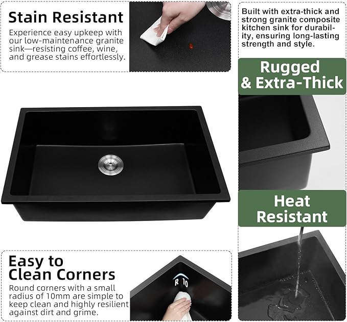 Davivy 30 X 18 Black Granite Composite Kitchen Sink,30 Inch Black Kitchen Sink, Undermount & Drop in Installation, Single Bowl with Bottom Grid and Drain Assembly