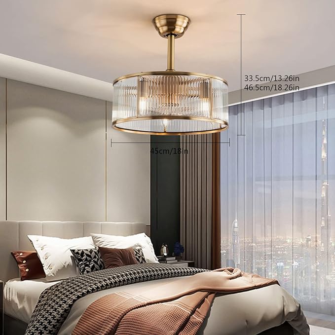 OUKANING Caged Fandelier Ceiling Fan with Light, Golden Ceiling Fans with Remote Control & Noiseless 35db - Farmhouse Rustic Bladeless Outdoors for Bedrooms, Dining Rooms, Kitchens and Living Rooms