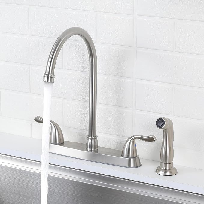 HOTIS Kitchen Faucet with Side Sprayer, 2 Handle 3 or 4 Hole Kitchen Sink Faucets 8 Inch RV Kitchen Faucet with Supply Lines, 360 Swivel Kitchen Faucet Brushed Nickel, HT-SLYT004L-S-1