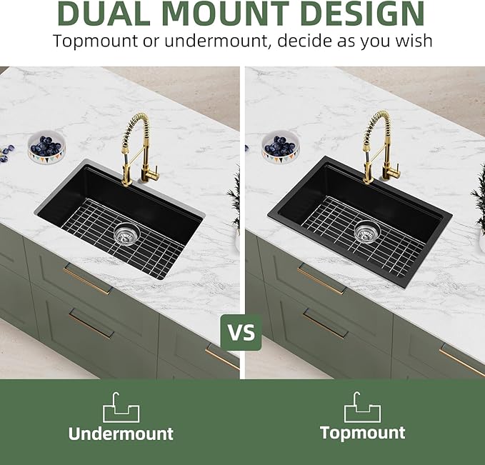 Davivy 27 Inch Black Granite Kitchen Sink Workstation, 27 x 18 Black Undermount/Drop In Kitchen Sink, Deep Quartz Composite Single Bowl with Accessories