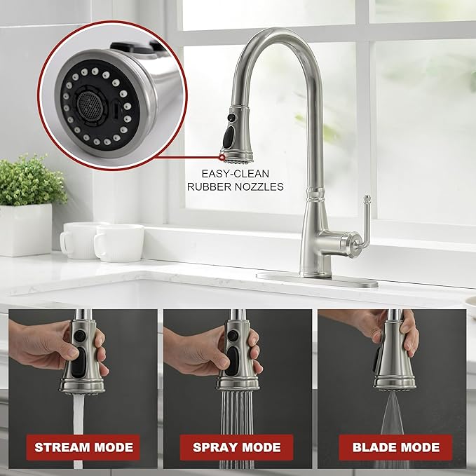 Kitchen Faucet with Pull Down Sprayer, 17 inch Brushed Nickel Antique Single Handle Pull Out Kitchen Sink Faucet with Deck Plate for Classic Modern Ktichen