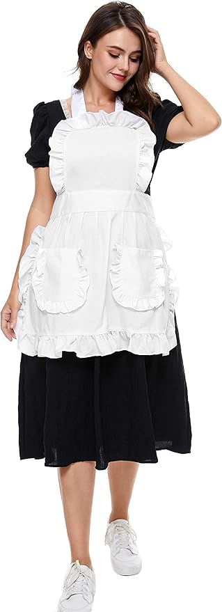 Women's Ruffles Outline Retro Pockets Apron Kitchen Cooking Cleaning Maid Costume (White)