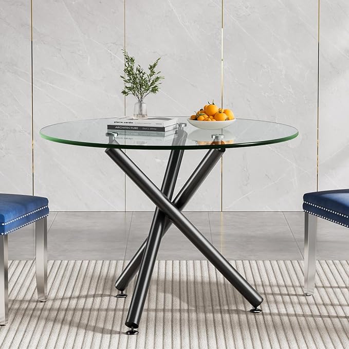 SSLine 35.4" Round Glass Dining Table for 2-4 Modern Circle Glass Tabletop Kitchen Table for 4 Luxury Dinner Tables with Black Metal Legs for Home Kitchen Dining Room(Table Only)