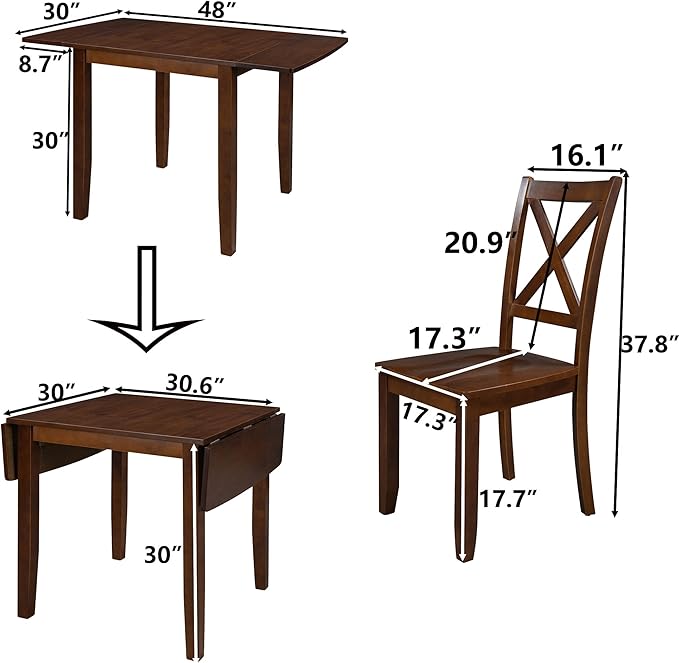 Rustic Style 3-Piece Wood Dining Table Set with Extendable Drop Leaf Table and 2 X-Back Chairs,for Small Places Restaurant Kitchen Furniture
