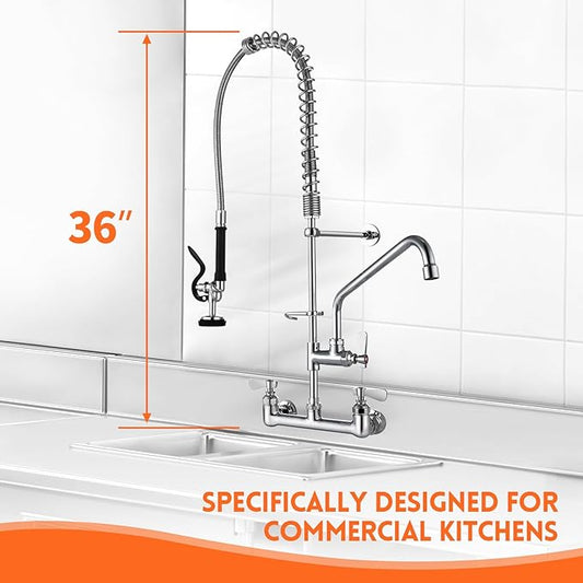 Commercial Sink Faucet with Sprayer 36" Height 8" Adjustable Center, Commercial Wall Mount Kitchen Sink Faucet with Pre-Rinse Sprayer and 12" Swing Spout for Restaurant Industrial