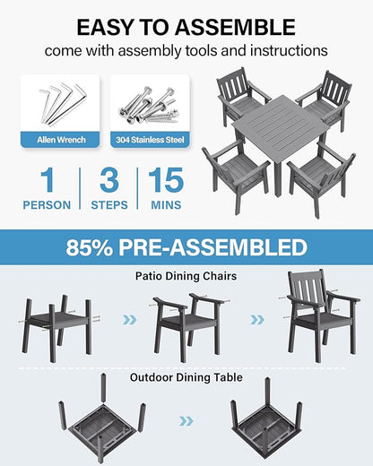 YEFU HIPS Patio Table Set: 5 Piece Outdoor Square Table and Chairs with Metal Aluminum Frame - Gray Modern Plastic Patio Dining Furniture Set 4 Person for Outside Deck
