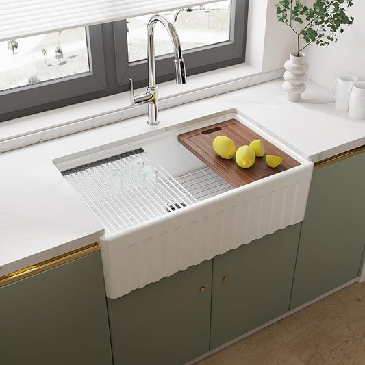 33 Inch White Farmhouse Sink Workstation Apron Front Ceramic Porcelain Fireclay Single Bowl Sink Large Deep Farm Kitchen Sinks 33" x 20" x10