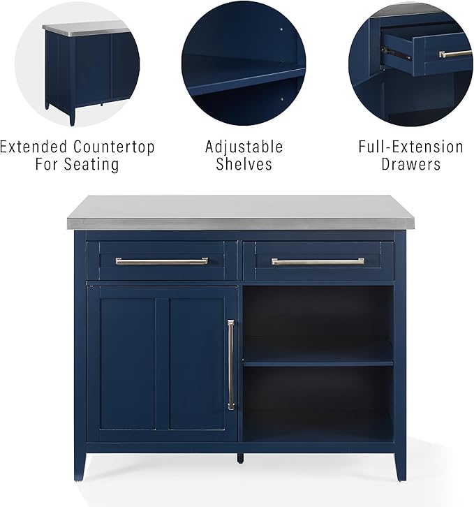 Crosley Furniture Silvia Stainless Steel Top Kitchen Island, Microwave Stand, Coffee Bar, with Shelves, Navy/Stainless Steel