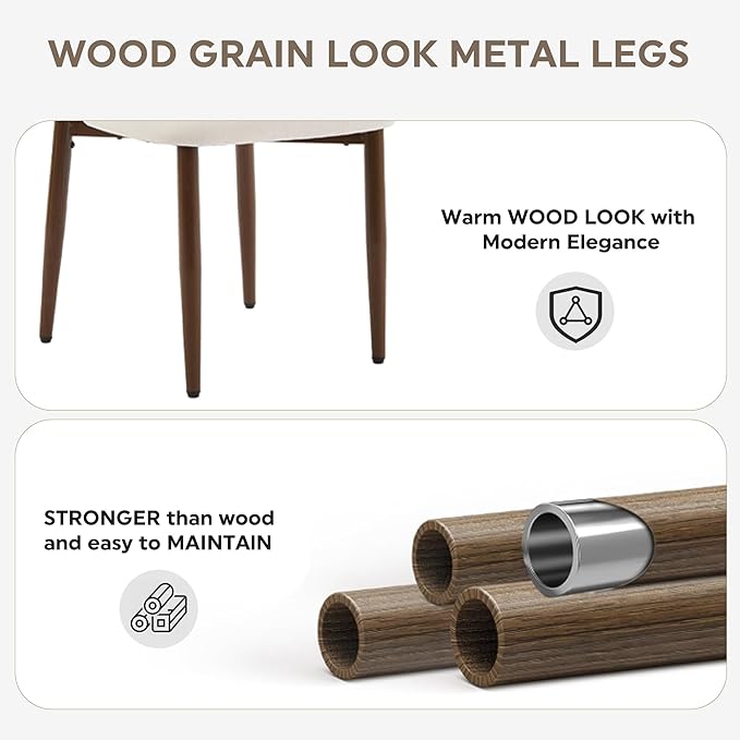 Farmhouse Round Dining Table Set for 6, 47 in Kitchen Table with MDF Tabletop & Base, Beige Fabric Upholstered Chairs with Walnut-Grain Metal Legs for Home Small Apartment (White)