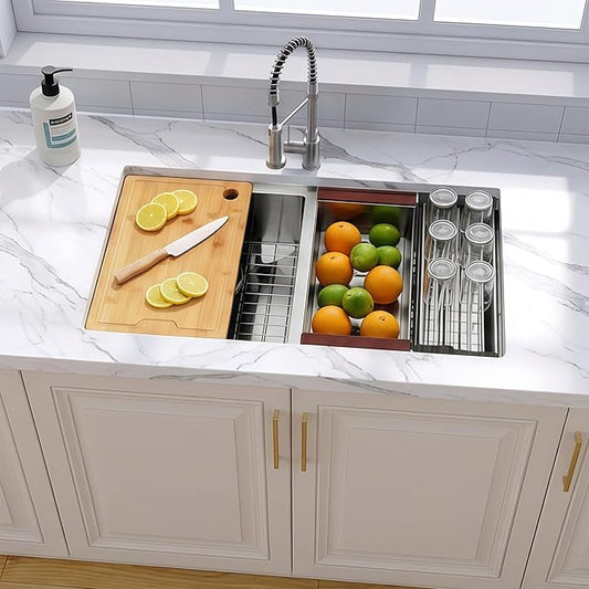 32 Inch Sink Undermount Double Bowl, 16 Gauge 50/50 Double Bowl Stainless Steel Workstation Sink, 32"x19"x10" Large and Deep Kitchen Sink With Accessories