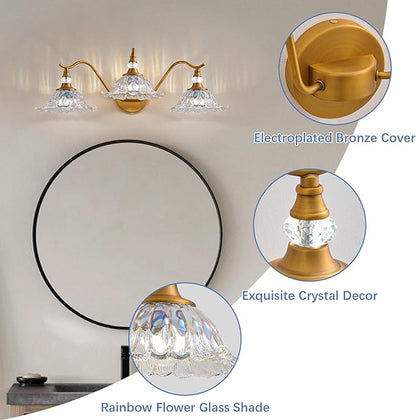 Vintage Bathroom Vanity Light Fixtures - 3 Light Iridescent Flower Glass Antique Brass Bathroom Lights Fixture Over Mirror,Retro Brushed Gold Bronze Wall-Mounted Vanity Lighting for Powder Room
