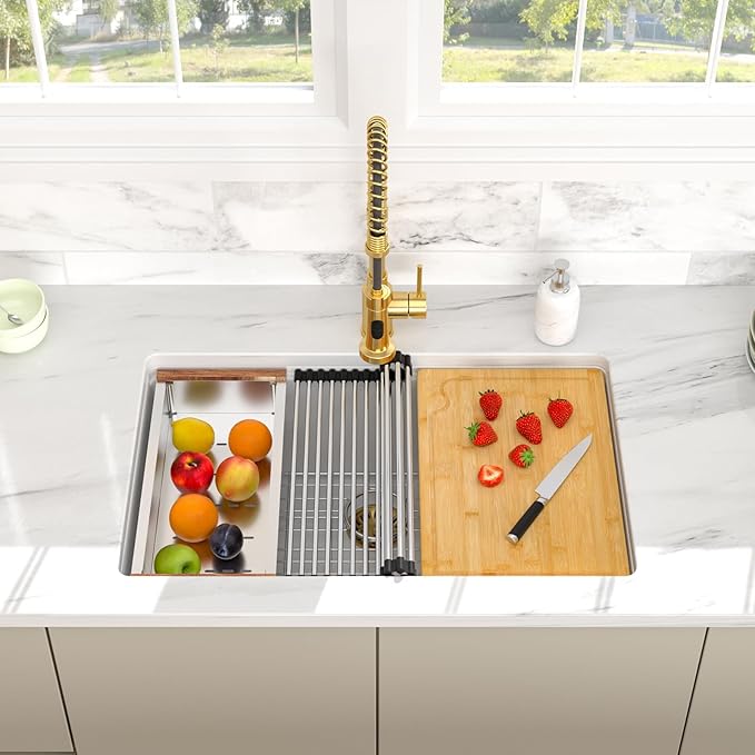 30 Inch White Undermount Kitchen Sink - Beslend 30x19x10 Inch Granite Composite Undermount Sink Under counter Quartz Workstation Sinks with Single Ledge Elegant Single Bowl Dish Basin