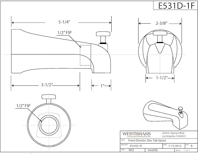 Westbrass E531D-1F-2-62 5-1/4" Reach Wall Mount Tub Spout with Front Diverter, Matte Black (2-Pack)