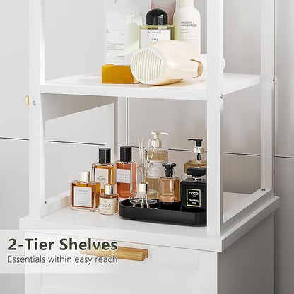 VECELO Bathroom Cabinet with Removable Basket, Tall Tilt Out Laundry Hamper with 2-Tier Open Shelves, 1 Drawer and 3 Side Hooks for Storage, White