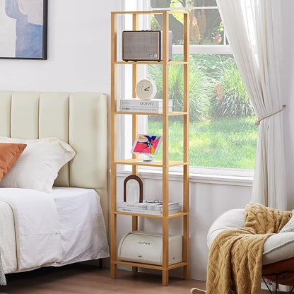 YUFAM 66in Tall Bookshelf 6-Tier Small Narrow Bookcase, Skinny Book Shelf for Small Space, Farmhouse Slim Shelf with Storage, Wood Freestanding Display Thin Bookshelves for Living Room, Natural