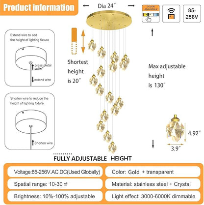 16-Lights Gold Long Spiral Staircase Crystal Chandelier 130 inch Foyer Entrance High Ceiling Chandelier Lighting LED Dimmable 3000-6000K