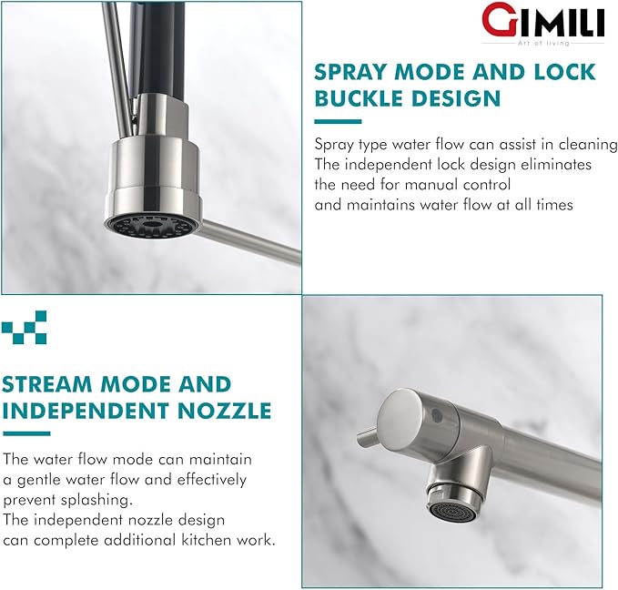 GIMILI Kitchen Faucet with Soap Dispenser Commercial Kitchen Faucet with Pull Down Sprayer Double-Headed Single Handle Spring Stainless Steel Brushed Nickel Kitchen Sink Faucet
