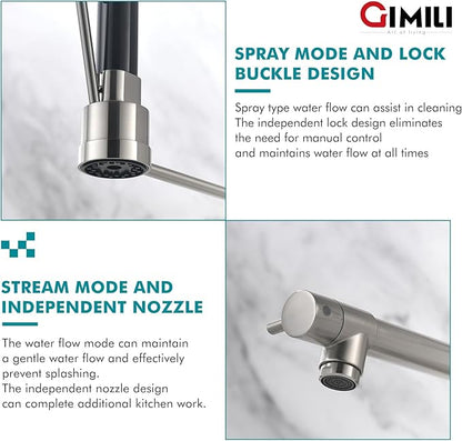 GIMILI Kitchen Faucet with Soap Dispenser Commercial Kitchen Faucet with Pull Down Sprayer Double-Headed Single Handle Spring Stainless Steel Brushed Nickel Kitchen Sink Faucet