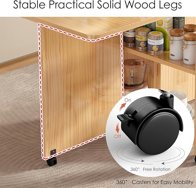 Kavie Solid Wood Folding Dining Table with Wheels, Expandable Mobile Kitchen Island with Storage Shelf, Space Saving Table for Apartment Living Room (Natural,31.5" L*19.6" W*29.5" H)