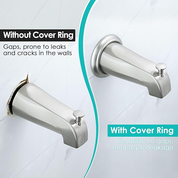 Universal Bathroom Tub Spout with Metal Tub Spout Cover Ring, 5 1/4 Inches Reach Wall Front Mount Faucet with Shower Diverter 1/2 IPS Inside Thread(Brushed Nickel)