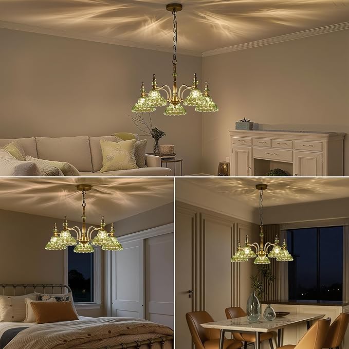 HDDFL Chandeliers Light 5 Lights Chandelier Lamp Modern Pendant Lighting Fixtures Hanging Lamps for Dining Room Entryway Living Room Bedrooms Foyer Entrance Kitchen Brass and Green