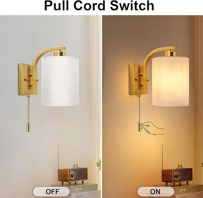 Lightess Wall Sconces with Pull Chain,Vintage Hardwired Pull Cord Wall Light Fixture with on Off Switch,Indoor Wall Lamp for Hallway Bedroom Living Room,Set of Two Gold (Bulbs Not Included)