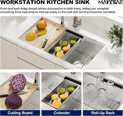 MAYESAR 30 Undermount Stainless Steel Kitchen Sink - Workstation Sink 16 Gauge Single Bowl Deep Handmade Sinks with Brushed Finish, Round Corner, 30"x19"x10"