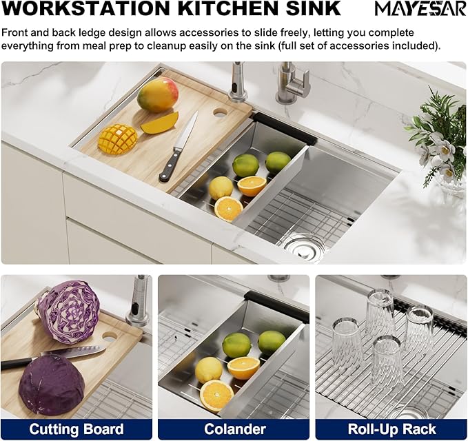 MAYESAR 33 Inch Kitchen Sinks Undermount - 33" x 19" Stainless Steel Undermount Workstation 16 Gauge Single Bowl Deep Under Counter Kitchen Sink Basin