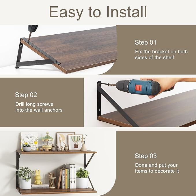 Fun Memories 27.5" W x12 D Floating Shelves, Large Wall Shelves 27.5 Inch Long, Set of 2, Farmhouse Wood Floating Shelf Wall Mounted, Deep Shelves for Bathroom, Living Room, Kitchen, Walnut Color