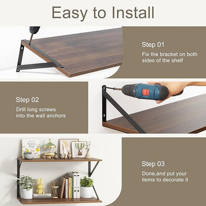 12 Inch Deep Floating Shelves, 30W x 12D Wall Shelves with Brackets, Walnut Floating Shelves 30 Inch Long, Rustic Wood Wall Shelf, Wide Storage Display Shelf for Kitchek, Living Room, Bathroom