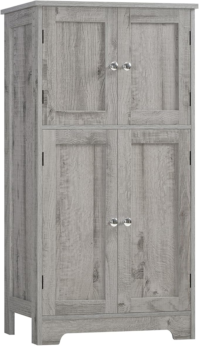 TEENFON Bathroom Floor Storage Cabinet, Freestanding Bathroom Storage Unit with 2 Adjustable Shelves & 4 Doors, 11.8 x 23.6 x 42.7 Inches, Grey
