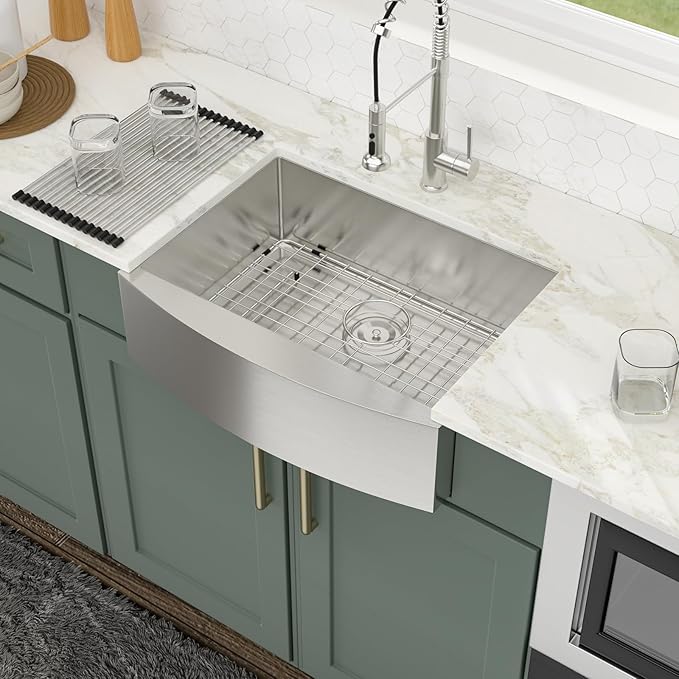 Logmey 27 Farmhouse Sink - 27x20 Inch Apron Front 16 Gauge Stainless Steel Sink Stainless Farm Sink Single Bowl Kitchen Sink