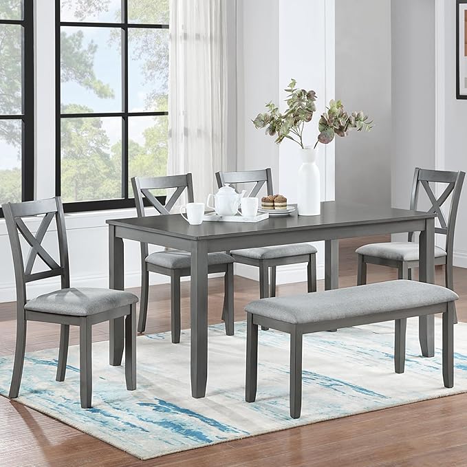 6-Piece Kitchen Dining Set, Rectangular Wooden Dining Table with 4 Upholstered Chairs and 1 Bench, Modern Dining Table Set for 6 People for Dining Room, Home Bar and Kitchen, Gray