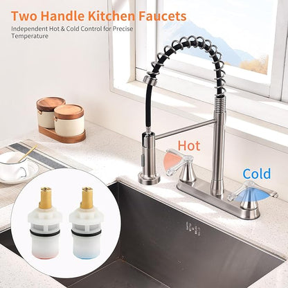 HOMELODY 2 Handles Kitchen Faucet with Pull Down Sprayer for 3 Hole Sink, 360° Rotating Spout Commercial 2 Handle Stainless Steel Kitchen Faucets with Deck Plate Brush Nickel