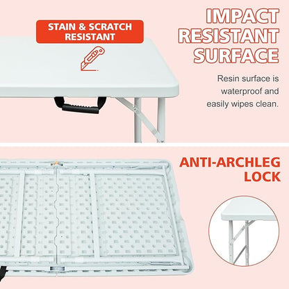 Portable 4Ft Adjustable Height Plastic Folding Table, Heavy Duty Fold-in-Half Table with Carrying Handle, Small Utility Foldable Table for Picnic Party Camping BBQ, Indoor/Outdoor(White)