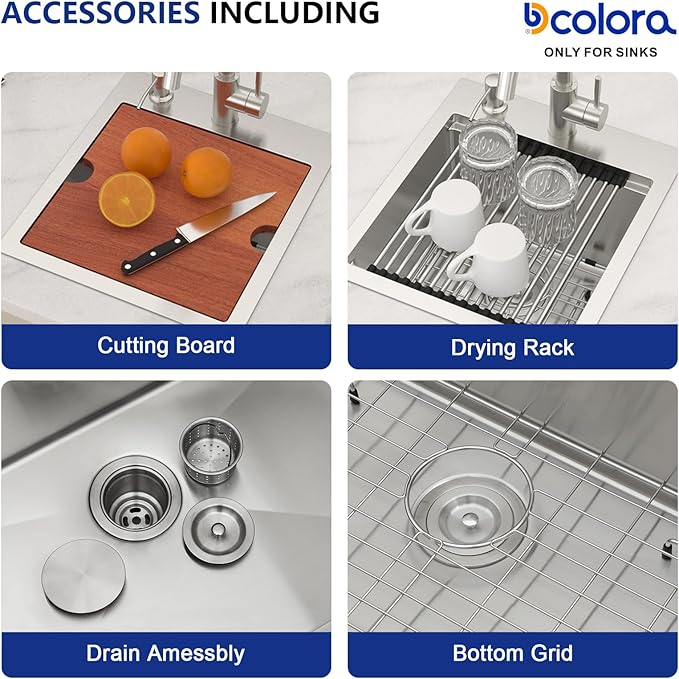Dcolora Drop In Bar Sink 13x15x9 Inches, Workstation with Accessories, Brushed 304 Stainless Steel, Heavy Duty 16 Gauce, Small Single Bowl Perfect for Small Kitchen, Bar, Kitchen Island #DC-TW258005