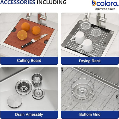 Dcolora Drop In Bar Sink 15x17x9 Inches, Workstation with Accessories, Brushed 304 Stainless Steel, Heavy Duty 16 Gauce, Small Single Bowl Perfect for Small Kitchen, Bar, Kitchen Island #DC-TW258004