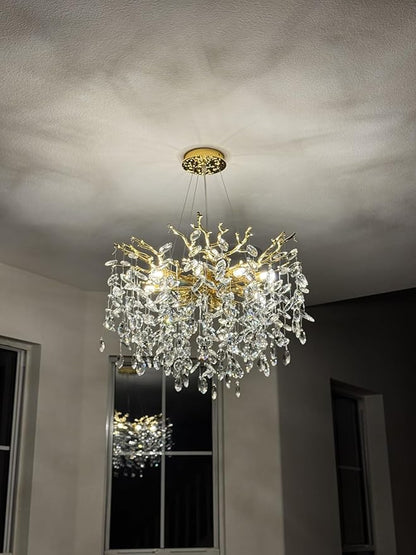 Tree Branches Chandeliers Luxury Round Crystal Pendant Light 8 Light Ceiling Hanging Light for Dining Room Bedroom Living Room Entryway Gold 23.7"
