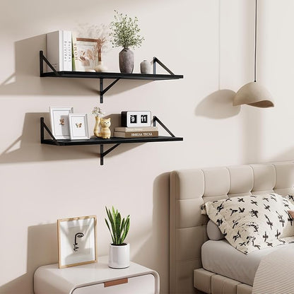 Acovy Floating Shelf for Wall,32" WX10 D Wood Floating Shelves with Sturdy Metal Bracket Set of 2,Wall Mounted Hanging Shelf for Bathroom,Bedroom,Kitchen,Black