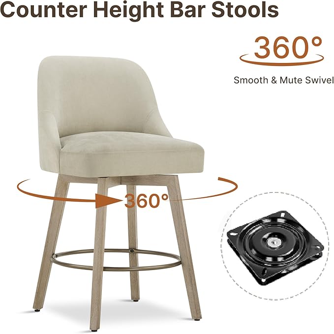 Counter Height Bar Stools Set of 4, Modern Swivel Barstools with Back and Wood Legs, Fabric Upholstered Bar Chairs, 26" Seat Height Counter Stools for Kitchen Island,Sand