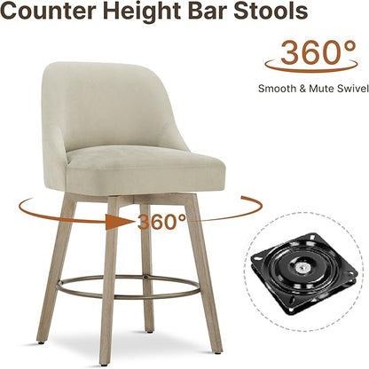 Counter Height Bar Stools Set of 2, Modern Swivel Barstools with Back and Wood Legs, Fabric Upholstered Bar Chairs, 26" Seat Height Counter Stools for Kitchen Island,Sand