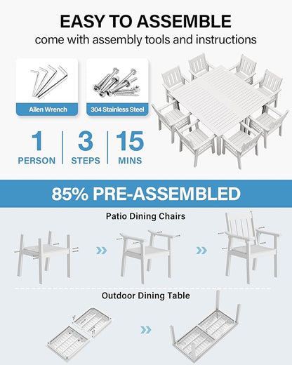 YEFU HIPS Patio Table Set: 10 Piece Outdoor Table and Chairs Dining Furniture Set with Umbrella Hole - White Modern Plastic Dining Sets 8 Person for Outside Deck with Metal Aluminum Frame