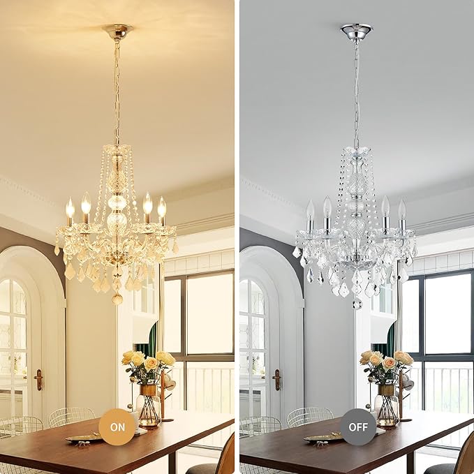 WUZUPS 5-Light Crystal Candle Chandelier Pendant Ceiling Light Modern Lighting Fixture for Bedroom Hallway Bar Kitchen Bathroom, H 25" W 20", E12 Base, Chrome