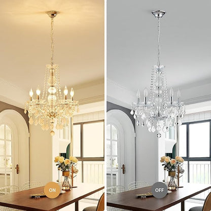 WUZUPS 5-Light Crystal Candle Chandelier Pendant Ceiling Light Modern Lighting Fixture for Bedroom Hallway Bar Kitchen Bathroom, H 25" W 20", E12 Base, Chrome